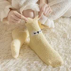 Thick yellow coral fleece mid-calf socks with owl embroidery for warm indoor winter wear