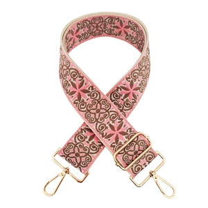 Detail of pink and brown ethnic embroidery on a 5cm wide adjustable bag strap