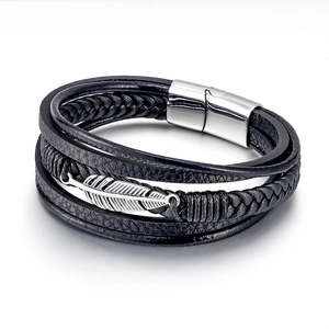 Multilayer black leather bracelet with silver feather pendant and magnetic steel clasp