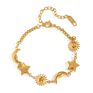18K gold plated stainless steel sun moon and stars charm bracelet for women