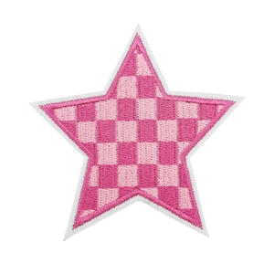 Pink checkered star embroidery patches for clothing decoration in high-quality stitching