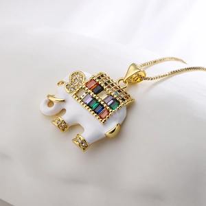 Gold plated elephant pendant necklace with colorful cubic zirconia and white enamel details