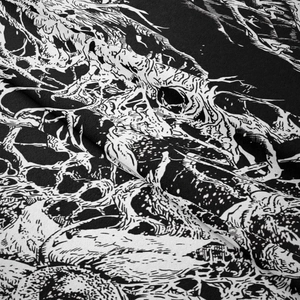 Close-up detail of gothic skull tapestry showing high-quality black and white woven texture