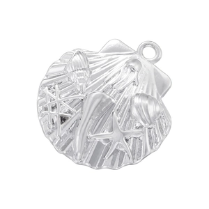 Detailed view of silver scallop shell pendant with starfish and conch embossed patterns