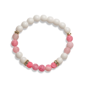 8mm white porcelain and pink weathered bead elastic bracelet with gold accents