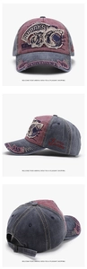 Detailed views of vintage washed baseball cap with shark patch and distressed embroidery