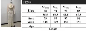 Detailed size chart for halter maxi dress showing XS to L body measurements and length