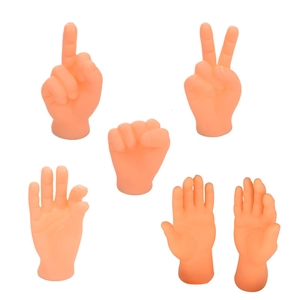 Miniature rubber finger hands for cats in various gestures like peace and fist