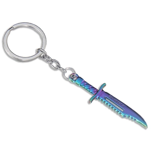 Colorful metal karambit knife keychain with Crossfire logo on a clean white background