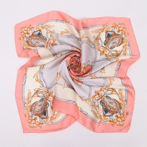 70cm silky square scarf with pink borders and elegant European equestrian pattern