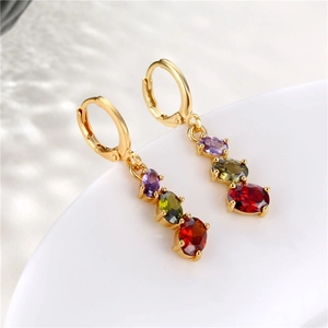 Colorful zircon drop earrings in gold finish with purple, green, and red oval stones