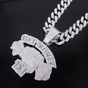 Iced out silver GET MONEY pendant necklace with sparkling diamonds on Cuban chain