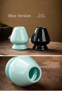 Ceramic matcha whisk holders in cyan and black with a smooth glazed finish