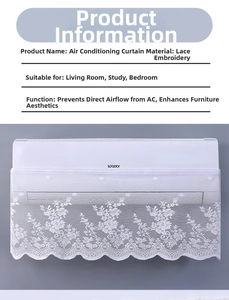 Detail of white lace air conditioner cover with delicate floral embroidery and mesh texture