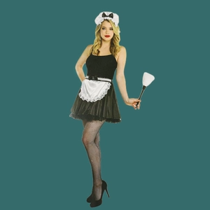 Detailaufnahme Hausmädchen Kostüm mit Kleid, Spitzenschürze, Stirnband und Staubwedel