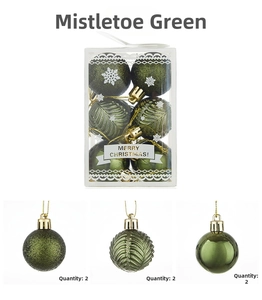 Alfalfa green Christmas ball set showing glitter, embossed and glossy surface textures