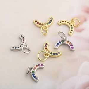 Mini Rainbow Horseshoe Pendant Necklace Copper Gold Silver Plated Colorful Rhinestone U-Shape Charm For Women DIY Jewelry