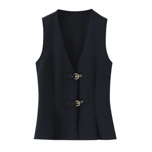 Chic black V-neck vest with crescent gold buckles for a modern professional look
