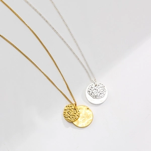 Minimalist double layered round disc pendant necklace in gold and silver metal finishes