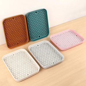 Cinq plateaux de drainage modernes rectangulaires colorés sur une table en bois