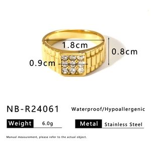 Macro view of gold stainless steel ring with zircon inlays and detailed measurements
