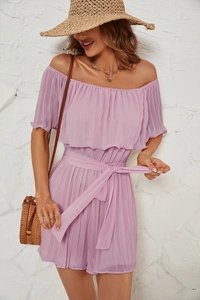 Detail of purple off-shoulder pleated jumpsuit with waist belt for casual summer holiday wear