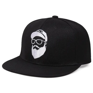 Classic black snapback hat with white embroidered bearded man graphic, side 45-degree view