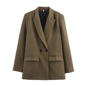 Women's double-breasted solid blazer in dark khaki with classic notched lapels and flap pockets