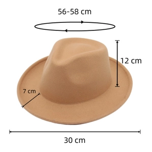 Size specifications for camel wool Fedora hat showing 56-58cm head circumference measurements