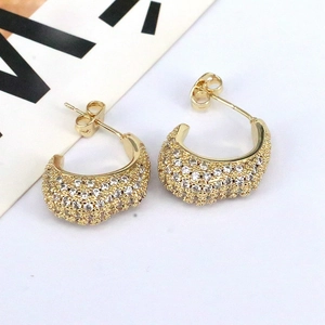 Chic gold-plated C-shaped stud earrings with micro-pave white cubic zirconia stones