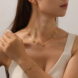 Minimalist gold plated stainless steel sunflower jewelry set with necklace and earrings