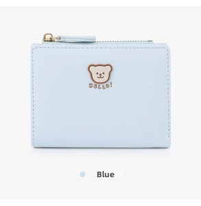 Close-up of light blue short wallet featuring a cute cartoon bear design and Hello text