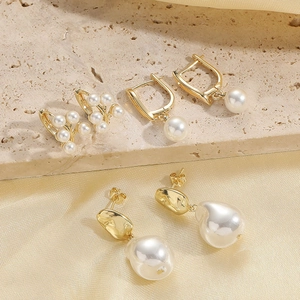 Minimalist 14K gold plated pearl earrings set featuring French vintage and modern designs