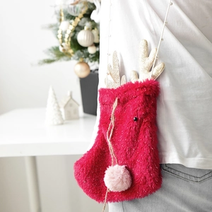 Plush red Christmas elk reindeer crossbody bag with gold antlers and a pearl chain strap