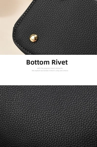 Macro shot of gold-tone bottom studs on black pebble-grain leather handbag base
