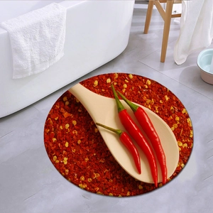 Round Floor Mat Polyester Flannel Absorbent Non-Slip Bathroom Kitchen Rug 3D Digital Print Spices Chilli Pattern Decor
