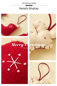 Detail of red and cream Christmas felt ornaments with white snowflake embroidery