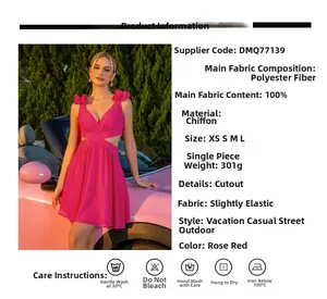 Détail de la robe d'été rose rouge en dentelle ajourée et texture mousseline polyester