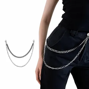 Detail of silver dual-layer punk metal pant chains with lobster clasps for trousers