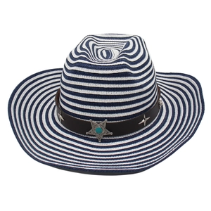 Detail of blue and white straw cowboy hat with leather star band and turquoise gem