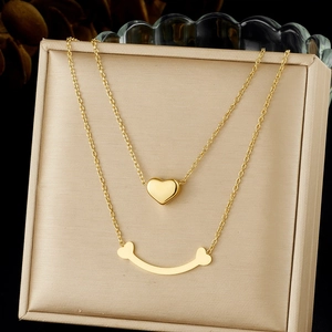 Collier Double Couche En Acier Inoxydable Plaqué Or Pendentif Cœur Sourire Arc Bijoux De Mode Pour Femmes