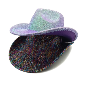 Detailed view of sparkly purple and colorful glitter western cowboy party hats set