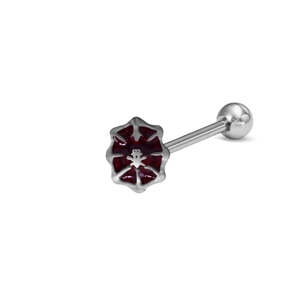 Silver tongue ring featuring a red spider web and spider design on a white background