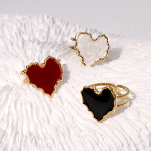 Heart Shaped Stainless Steel Ring Gold Plated Enamel Inlay Adjustable Open Finger Jewelry Retro French Style Women
