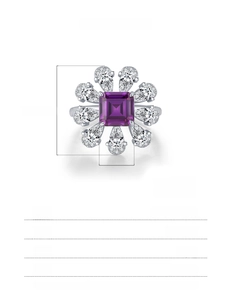Detailed chart for S925 sterling silver flower ring with purple gem and size specs