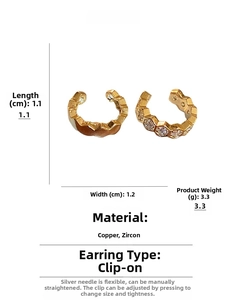 Detailed size parameters of gold C-shape honeycomb clip earrings with zircons