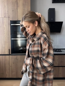 Women's plaid button-down shirt in khaki and beige, oversized casual checkered jacket