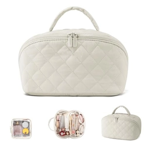 Macro view of large capacity quilted cosmetic bag with multi-angle details