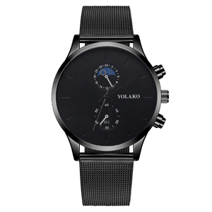 YOLAKO all-black men's business watch with mesh strap and dual sub-dials on white background