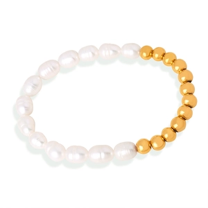 Minimalist freshwater pearl and gold bead titanium steel bracelet with asymmetrical design